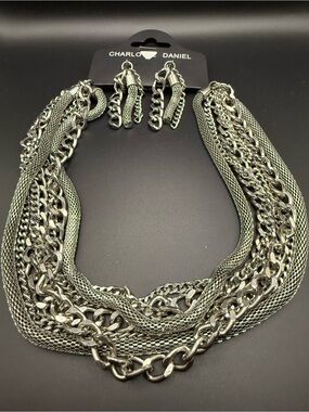 NWT Charlotte Daniel Silver Tone Multi-Chain Statement Necklace and Earring Set